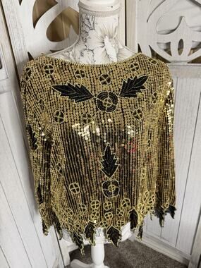 G-Unit Vintage Y2K Flapper Style Beaded Sequin Gold Black Top Silk Size Large